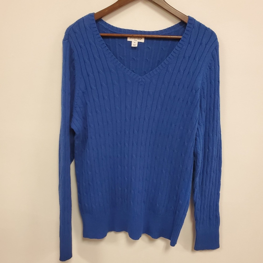 St Johns Bay Womens Cable Knit V Neck Sweater Size 1X Blue Classic Winter Office